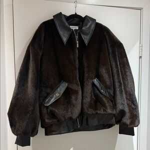 WeWoreWhat Dark Brown Faux Fur Bomber with Faux Leather Black Accents